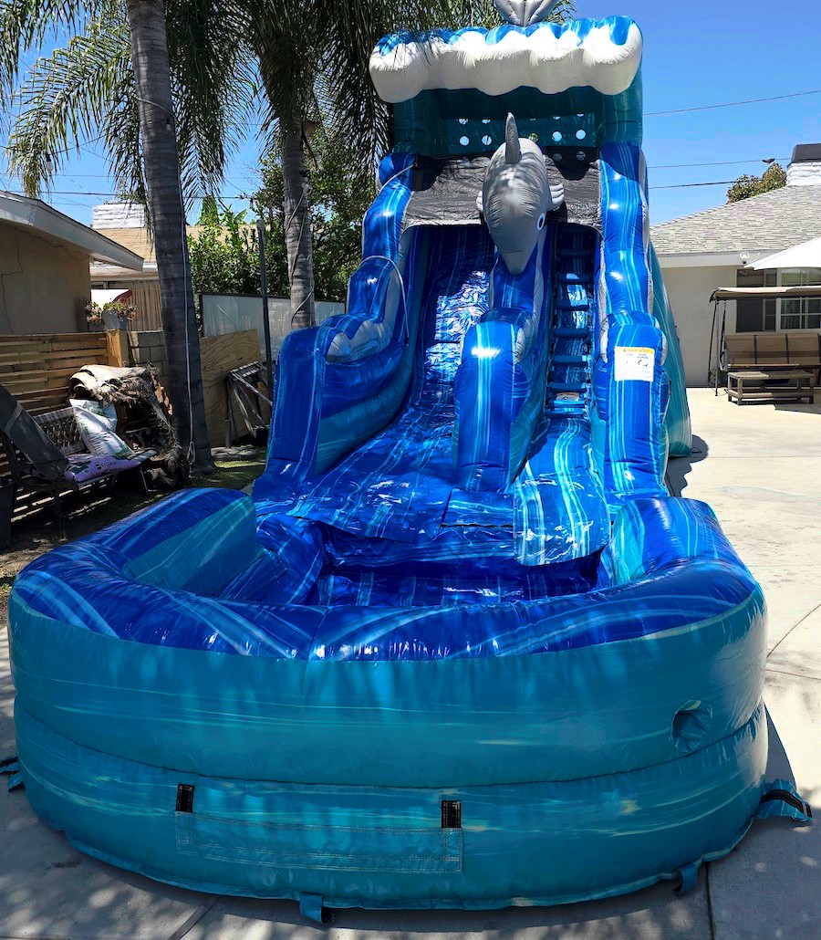 Dolphin-themed inflatable water slide from alternate angle or view